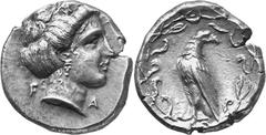 Greek Coins Olympia, Elis Estimate: CHF 4'500.00 Stater (Silver, 12.02 g 7), 348, Hera mint, the 108th Olympiad. F Head of Hera to right, wearing narrow stephane ornamented with a palmette and a lily.