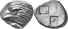 Greek Coins Sinope, Paphlagonia Estimate: CHF 800.00 Drachm (Silver, 6.02 g), c. 425-410. Head of eagle to left; below, dolphin. Rev. Four part incuse with pellet in one quarter, and pellet and in ano