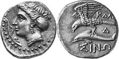 Greek Coins Sinope, Paphlagonia Estimate: CHF 650.00 Drachm (Silver, 5.01 g 6), c. 330-300. Head of nymph Sinope to left, wearing stephane; to left, aplustre. Rev. Sea eagle with spread wings to right