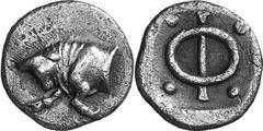 Phliasia The Early–Mid 4th Century Coinage of Phlious Estimate: CHF 300.00 Obol (Silver, 0.84 g), early - mid 4th century. Forepart of a bull butting to left, head lowered and turned to face the viewe