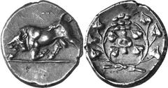 Phliasia The 3rd Century Coinage of Phlious Estimate: CHF 1'250.00 Hemidrachm (Silver, 2.79 g 12), c. 270s. Bull butting to left, head lowered and turned to face the viewer. Rev. within ivy wreath wit