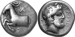 Aegae (Aigai) Estimate: CHF 650.00 Hemidrachm (Silver, 2.68 g 4), c. late 5th-early 4th century. AIC Forepart of goat to left, the truncation ornamented with pearls. Rev. NOIACIA Bearded head of Diony
