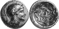 Aegira (Aigeira) The 4th century coinage of Aegira Estimate: CHF 150.00 Chalkous (AE, 2.20 g, 14.5 mm, 7), c. 360s-330. Helmeted head of Athena to right. Rev. AIG/I Forepart of goat to right; all with
