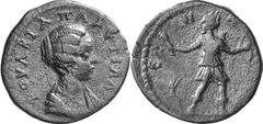 Pellene The Severan coinage of Pellene Estimate: CHF 350.00 Assarion (AE, 4.05 g, 22 mm, 12), c. 202-205. Draped bust of Plautilla to right. Rev. [][] Artemis striding right, her head turned back to l
