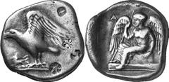 Elis Olympia Estimate: CHF 3'750.00 Stater (Silver, 11.91 g 11), c. 432, the 87th Olympiad. Eagle standing left on ground line, his wings raised above his back; to left, dead heron; to right, four cou