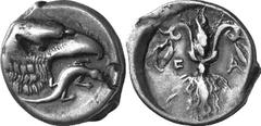 Elis Olympia Estimate: CHF 6'500.00 Drachm (Silver, 6.12 g 9), 400, the 95th Olympiad. Eagle’s head and neck to right; below, lizard, seen from above, turned towards the right; to right, uncertain cou