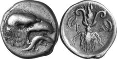 Elis Olympia Estimate: CHF 6'500.00 Drachm (Silver, 5.52 g 3), 400, the 95th Olympiad. Eagle’s head and neck to right; below, lizard, seen from above, turned towards the right. Rev. F Thunderbolt, wit