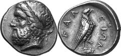 Elis Olympia Estimate: CHF 5'500.00 Stater (Silver, 12.22 g 11), 356, the 106th Olympiad. Laureate head of Zeus to left. Rev. F Eagle, with closed wings, standing right on Ionic column capital. BCD 12
