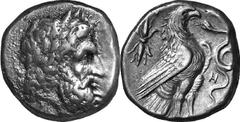 Elis Olympia Estimate: CHF 1'500.00 Stater (Silver, 12.16 g 7), c. first quarter of the 3rd century. Laureate head of Zeus to right. Rev. [F ]/ Eagle, with closed wings, standing right on the tail of 
