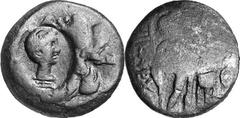 Messenia Messene Estimate: CHF 75.00 Hemiobol or Hexachalkon (AE, 4.59 g, 19.5 mm), c. 20s BC or slightly later. A hemiobol of Nikarchos countermarked on the obverse with the head of Octavian/Augustus