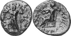 Kolonides (Kolone, Colone) The Achaean League coinage of Kolonides Estimate: CHF 150.00 Tetrachalkon (AE, 3.32 g, 22 mm, 2), c. 188-146. [] Zeus, nude, standing left, holding Nike in his right hand an