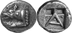 Argos The coinage of Argos from the end 6th / early 5th Estimate: CHF 800.00 Triobol (Silver, 2.87 g 12), c. 490s/480s-470s. As last, but with , a large pellet on the wolf’s neck and three across the 