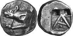 Argos The coinage of Argos from the end 6th / early 5th Estimate: CHF 650.00 Triobol (Silver, 3.08 g 12), c. 490s/480s-470s. Similar to the last, but wolf’s shoulder curiously made and with two pellet