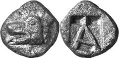 Argos The coinage of Argos from the end 6th / early 5th Estimate: CHF 325.00 Obol (Silver, 0.81 g 12), c. 490s/480s-470s. Head of wolf to left. Rev. within shallow incuse square containing, in the upp
