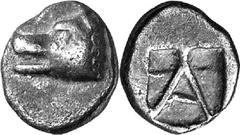 Argos The coinage of Argos from the end 6th / early 5th Estimate: CHF 150.00 Obol (Silver, 0.84 g 12), c. 490s/480s-470s. Similar to the last but wolf’s head of slightly later style. BMC 24 var. Trait