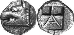 Argos The coinage of Argos from the end 6th / early 5th Estimate: CHF 250.00 Obol (Silver, 0.81 g 12), c. 480s-460s. Head of wolf to left. Rev. with pellet below within shallow incuse square containin