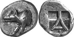 Argos The coinage of Argos from the end 6th / early 5th Estimate: CHF 350.00 Triobol (Silver, 3.30 g 6), c. 470s/460s-440s/430s. Forepart of wolf at bay to left, both legs extended forward and with he