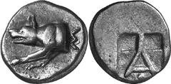 Argos The coinage of Argos from the end 6th / early 5th Estimate: CHF 650.00 Triobol (Silver, 2.94 g 12), c. 440s/430s-420s. Forepart of wolf at bay to left, both legs extended forward and with head h