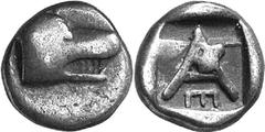 Argos The silver coinage of Argos in the late 5th – earl Estimate: CHF 100.00 Obol (Silver, 0.89 g 3), c. 420/10-370s. Head of wolf to right. Rev. within shallow incuse square containing, in the upper