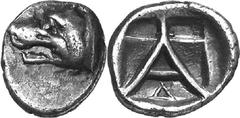 Argos The silver coinage of Argos in the late 5th – earl Estimate: CHF 175.00 Obol (Silver, 0.82 g 3), c. 420/10-370s. Head of wolf to left. Rev. within shallow incuse square containing, in the upper 