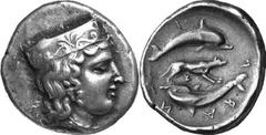 Argos The coinage of Argos c. 370-350 Estimate: CHF 20'000.00 Stater (Silver, 12.14 g 7), c. 370-350. Head of Hera to right as last, from the same die. Rev. (sic!) Two dolphins, one above the other, s