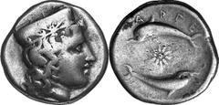 Argos The coinage of Argos c. 370-350 Estimate: CHF 3'500.00 Stater (Silver, 11.95 g 11), c. 370-350. Head of Hera to right similar to the last. Rev. Two dolphins, one above the other, swim in a circl