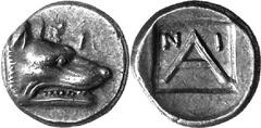 Argos The coinage of Argos from the mid-4th century unti Estimate: CHF 375.00 Obol (Silver, 0.87 g 6), c. 320s-270s. Head of wolf to right; above. Rev. with - above; all within incuse square. BMC 91. 