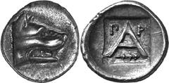 Argos The coinage of Argos from the mid-4th century unti Estimate: CHF 375.00 Obol (Silver, 0.90 g 6), c. 320s-270s. Head of wolf to right. Rev. As last. BMC 93. Mycenae pl. 10, 35. Beautifully toned.