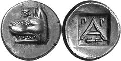 Argos The coinage of Argos from the mid-4th century unti Estimate: CHF 550.00 Obol (Silver, 0.90 g 2), c. 320s-270s. Head of wolf to left; above, . Rev. with - above and club left below; all within in
