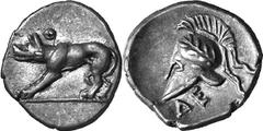 Argos The coinage of Argos from the mid-4th century unti Estimate: CHF 350.00 Trihemiobol (Silver, 1.15 g 8), c. 260s/250s. Wolf at bay to left; above, . Rev. Laureate crested Corinthian helmet to lef
