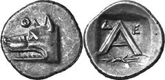 Argos The coinage of Argos from the mid-4th century unti Estimate: CHF 300.00 Obol (Silver, 0.77 g 8), c. 260s-250s. Head of wolf to left; above, . Rev. with - above and thunderbolt below; all within 