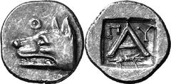 Argos The coinage of Argos from the mid-4th century unti Estimate: CHF 350.00 Obol (Silver, 0.79 g 8), c. 260s-250s. Head of wolf to left; above, . Rev. with - above and thunderbolt below; all within 