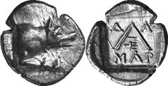 Argos The coinage of Argos from the late 2nd century thr Estimate: CHF 250.00 Triobol (Silver, 2.16 g 12), c. late 2nd century-80s. Forepart of wolf at bay to right. Rev. with -/ above and below, and 