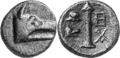 Argos The coinage of Argos from the late 2nd century thr Estimate: CHF 125.00 Dichalkon (AE, 3.89 g, 16 mm, 2), c. late 2nd century-80s. Wolf’s head right. Rev. Pillar fountain between helmet over wol