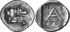 Argos The coinage of Argos from the late 2nd century thr Estimate: CHF 250.00 Triobol (Silver, 2.29 g 5), c. 80s-50s. Forepart of wolf at bay to right. Rev. with -/-/ and harpa right below. BMC 119. R
