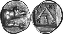 Argos The coinage of Argos from the late 2nd century thr Estimate: CHF 225.00 Triobol (Silver, 2.37 g 11), c. 80s-50s. Forepart of wolf at bay to right. Rev. with -/-/- and herm below. BMC –. SNG Lock