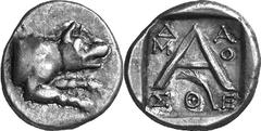 Argos The coinage of Argos from the late 2nd century thr Estimate: CHF 275.00 Triobol (Silver, 2.32 g 4), c. 80s-50s. Forepart of wolf at bay to right. Rev. with -/-/ and palm branch below. BMC 112. A