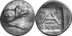 Argos The coinage of Argos from the late 2nd century thr Estimate: CHF 200.00 Triobol (Silver, 2.23 g 4), c. 80s-50s. Forepart of wolf at bay to right. Rev. with around, starting at the top left, and 