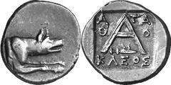 Argos The coinage of Argos from the late 2nd century thr Estimate: CHF 250.00 Triobol (Silver, 2.27 g 1), c. 80s-50s. Forepart of wolf at bay to right. Rev. with -/-/ and harpa right below. BMC 110. N