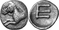 Kleitor The coinage of Kleitor of the 3rd quarter of the 5 Estimate: CHF 300.00 Hemiobol (Silver, 0.29 g 5), c. 420s or later. Forepart of bridled horse to left. Rev. within shallow circular incuse. E
