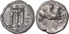 Magna Graecia Kroton Estimate: CHF 400.00 Triobol (Silver, 1.26 g 3), c. early 5th century. Tripod with three ring handles and legs ending in lion’s paws; border of dots. Rev. Pegasus with curved wing