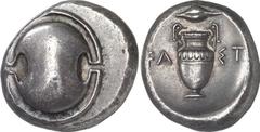 Thessaly – Boeotia Thebes, Boeotia Estimate: CHF 1'250.00 Stater (Silver, 12.31 g), 395/390-355. Boeotian shield. Rev. Volute krater with fluted shoulders; to left and right, F ; above, barley grain. 