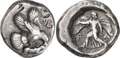 Attica-Crete Olympia, Elis Estimate: CHF 7'500.00 Stater (Silver, 12.39 g 9), c. 440s. Eagle flying right with both wings above his body, grasping hare by the back with his talons and tearing at him w