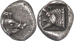 Asia Minor Uncertain Dynasts Estimate: CHF 650.00 Obol (Silver, 0.93 g 6), c. 450. Head of a boar to right. Rev. Head of man-headed bull to left; all within incuse square. DR (Damanhûr) 151 var. (unce