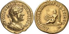 The Romans The Roman Empire Estimate: CHF 15'000.00 -. Aureus (Gold, 7.33 g 6), Rome, April, 121. IMP CAES HADRIANVS AVG COS III Laureate, draped and cuirassed bust of Hadrian to right. Rev. ANN.DCCC.