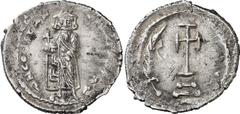 Byzantium Constans II Estimate: CHF 7'500.00 Constans II, 641-668. Siliqua or Half-Miliaresion (Silver, 2.20 g 6), c. 650-654. d N CONSTAN… Constans, with heavy beard, standing facing, crowned and wea