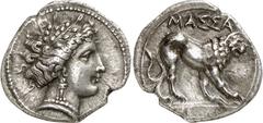Greek Coins Greek Coins, Transalpine Gaul, Massalia Estimate: CHF 3'000.00 Drachm (Silver, 3.67 g 1), early 4th century. Head of Artemis to right, wearing wreath of olive branches, pendant earring and