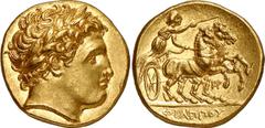 Macedonia Macedonia, Philip II, King of Macedon, 359-336 Estimate: CHF 5'500.00 Stater (Gold, 8.62 g 11), Miletus, c. 323. Laureate head of Apollo to right. Rev. Charioteer, holding goad in his right 