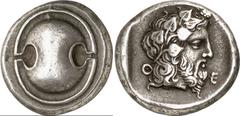 Thessaly-Euboea Thessaly-Euboea, Thebes, Boeotia Estimate: CHF 7'500.00 Stater (Silver, 12.06 g), 425-395. Boeotian shield. Rev. Bearded head of Dionysos to right, wearing ivy wreath. BCD 438 var. BMC