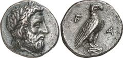 Attica-Islands of the Aegean Attica-Islands of the Aegean, Olympia, Elis Estimate: CHF 2'500.00 Stater (Silver, 12.11 g 1), 348, the 108th Olympiad. Laureate head of Zeus to right. Rev. F Eagle, with 